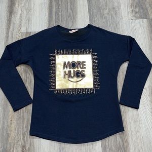 Girl size 8-10 embellished navy blue gold raglan sleeve top